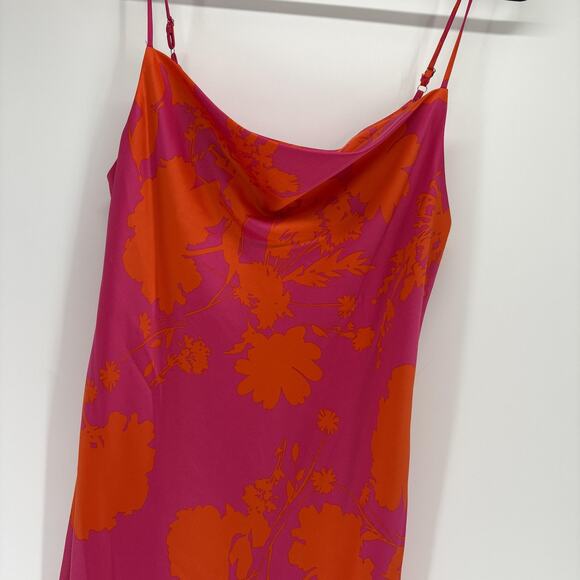 Bar III Slip Dress Womens Medium Pink Orange Floral Maxi Draped Neck - Picture 2 of 8